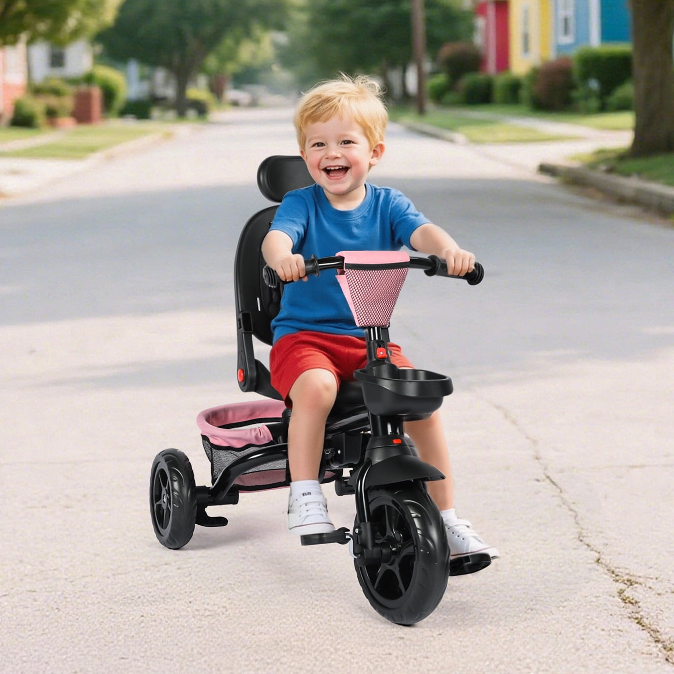 AILEEKISS Foldable Kids Tricycle with Push Handle, 7-in-1 Ride Trike for Infant 1-5 Years, Pink