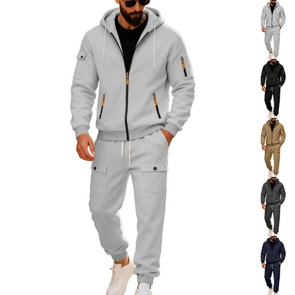 MLQIDK Men's 2 Piece Set Workout Gym Big and Tall Jogging Suit Tracksuits Sport Fleece Hoodie and Cargo Sweatpants Athletic Jogging Sweat Suits Lounge Outfit Winter Suit Sets Navy M
