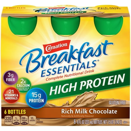 Carnation Breakfast Essentials High Protein, Rich Milk Chocolate, 8 fl. oz. Bottles, 6