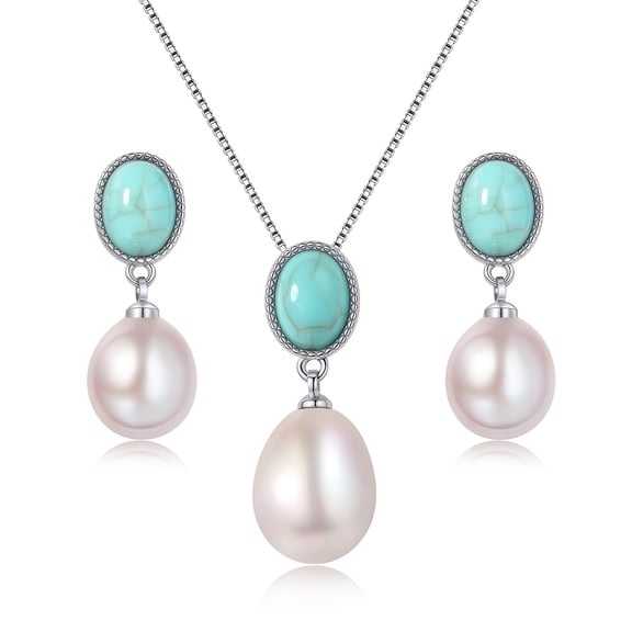 BAMIKI 9-10mm White Pearl Necklace and 8-9mm Earrings Set 925 Sterling Silver Valentine's Day Jewelry Gift for Women