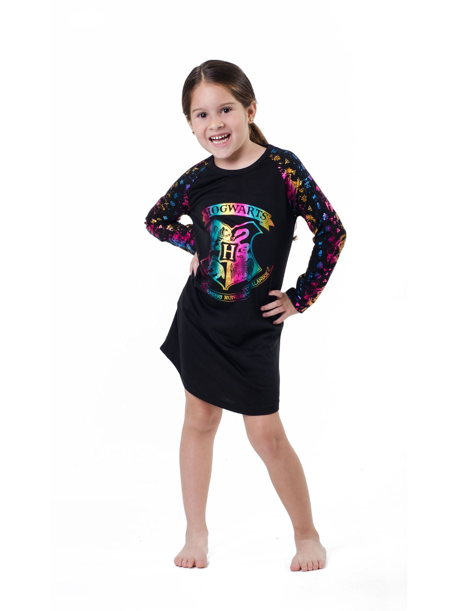 Harry Potter Girls' Hogwarts Rainbow Hologram Print Raglan Long-Sleeve Nightgown Pajama
