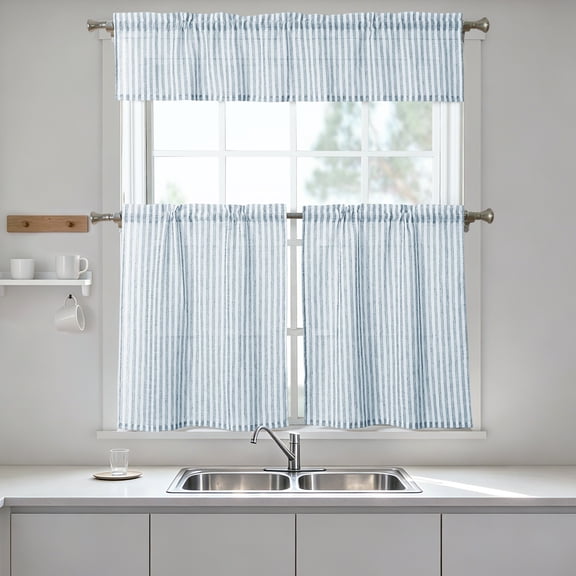 Lanco Blue Kitchen Curtains and Valances Set , 3 Pieces Striped Tier Curtain Set Cafe Curtains 28 Inch , Rod Pocket Curtains