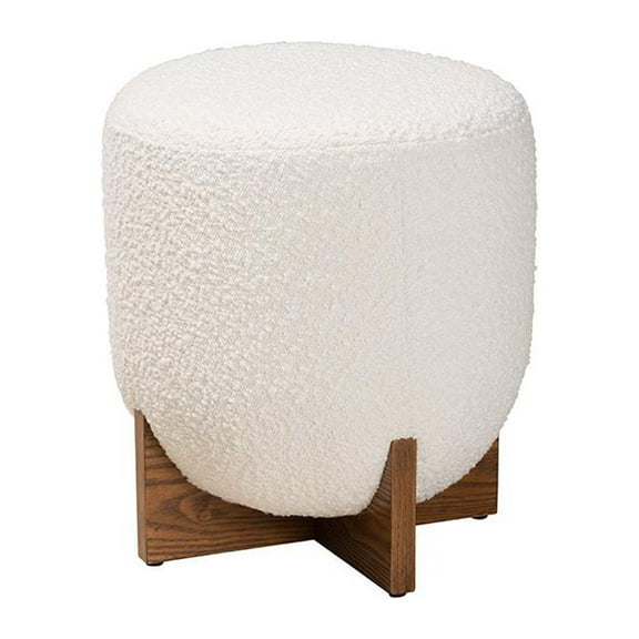 Baxton Studio Fisk Cream Boucle Fabric and Walnut Brown Wood Ottoman Footstool