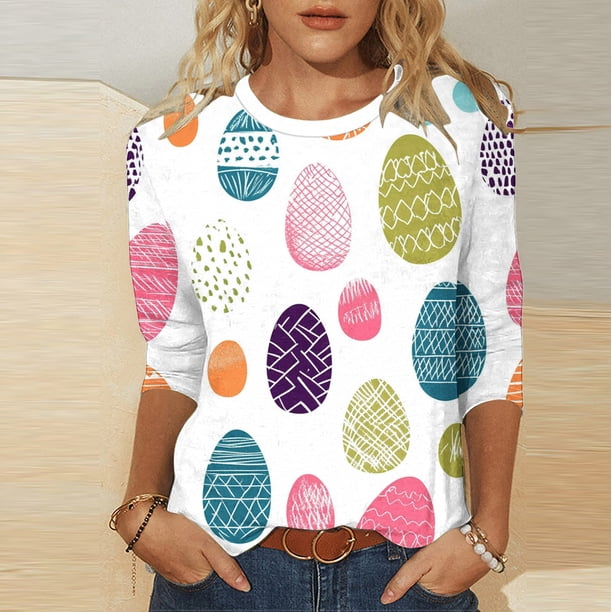 TaTaai Women Easter Theme Print T-Shirt Crew Neck 3/4 Sleeve Loose Casual Pullover Top Ladies Spring Daily Holiday Outfit Lightweight Soft Non-See-Through Machine Washable Top Gift