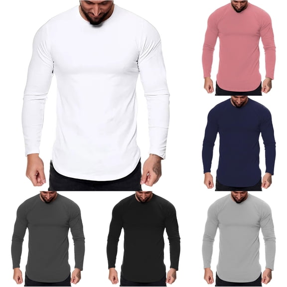ZXLBBD Mens T-Shirts Fitness Curved Hem Long Sleeve Workout Shirts Solid Color Slim Fit Sports Athletic T Shirts for Man Dailywear,White,L