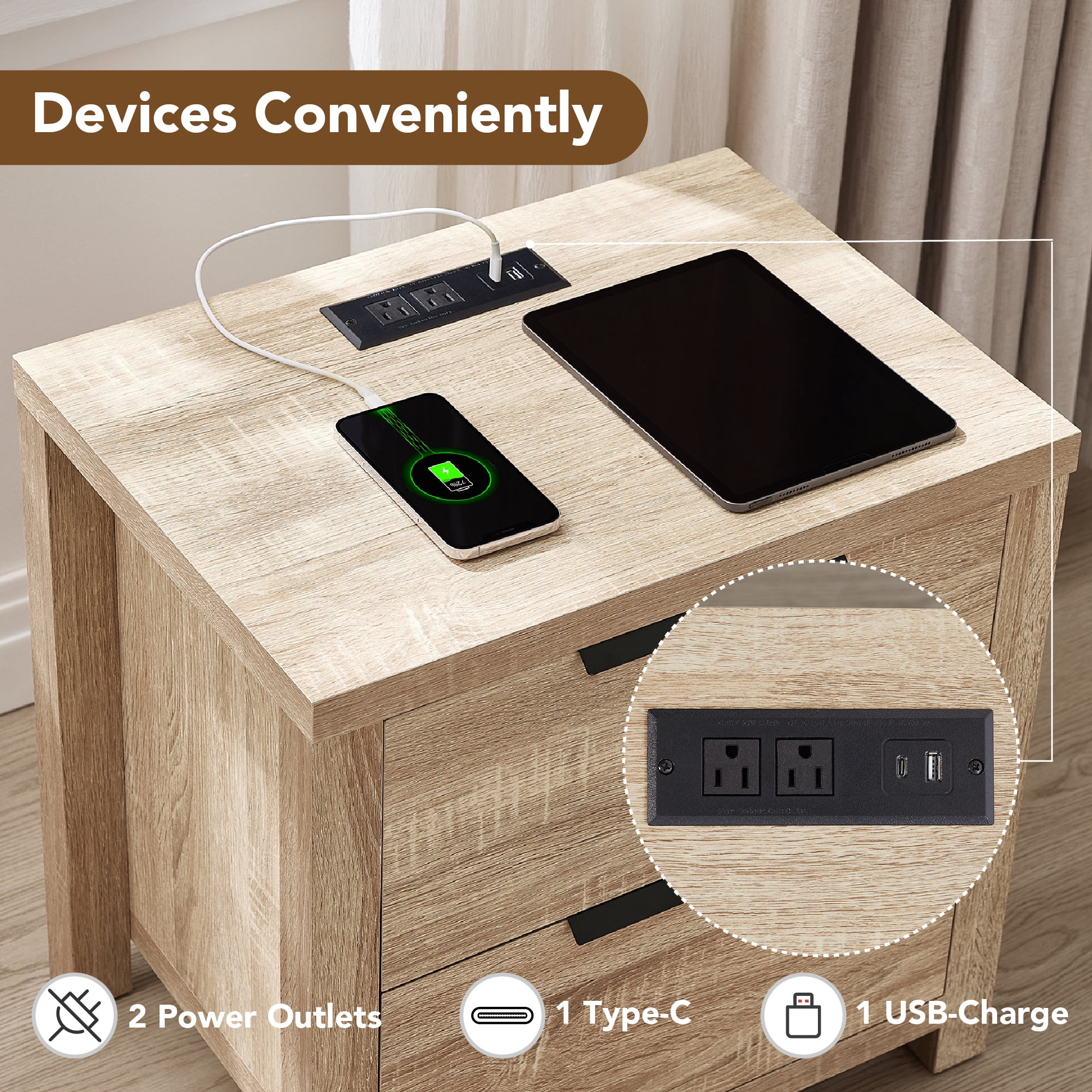 Spruce & Spring Farmhouse Nightstand with 2 Drawers, USB & Type-C Port and Power Outlets