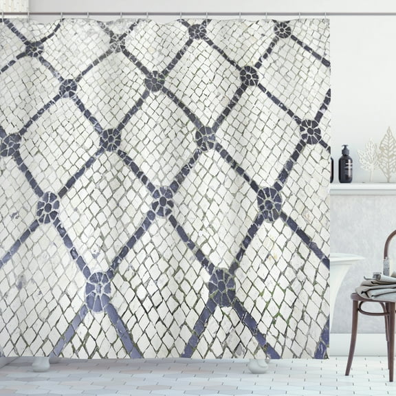 Ambesonne Cobblestone Shower Curtain, Lisbon City Floors, 69"Wx70"L, Charcoal Grey Off White