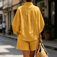 thumbnail image 4 of Cotton Linen Sets for Women 3/4 Sleeve Top Shorts Set Casual Summer Loungewear Set Beach Outfit, 4 of 4