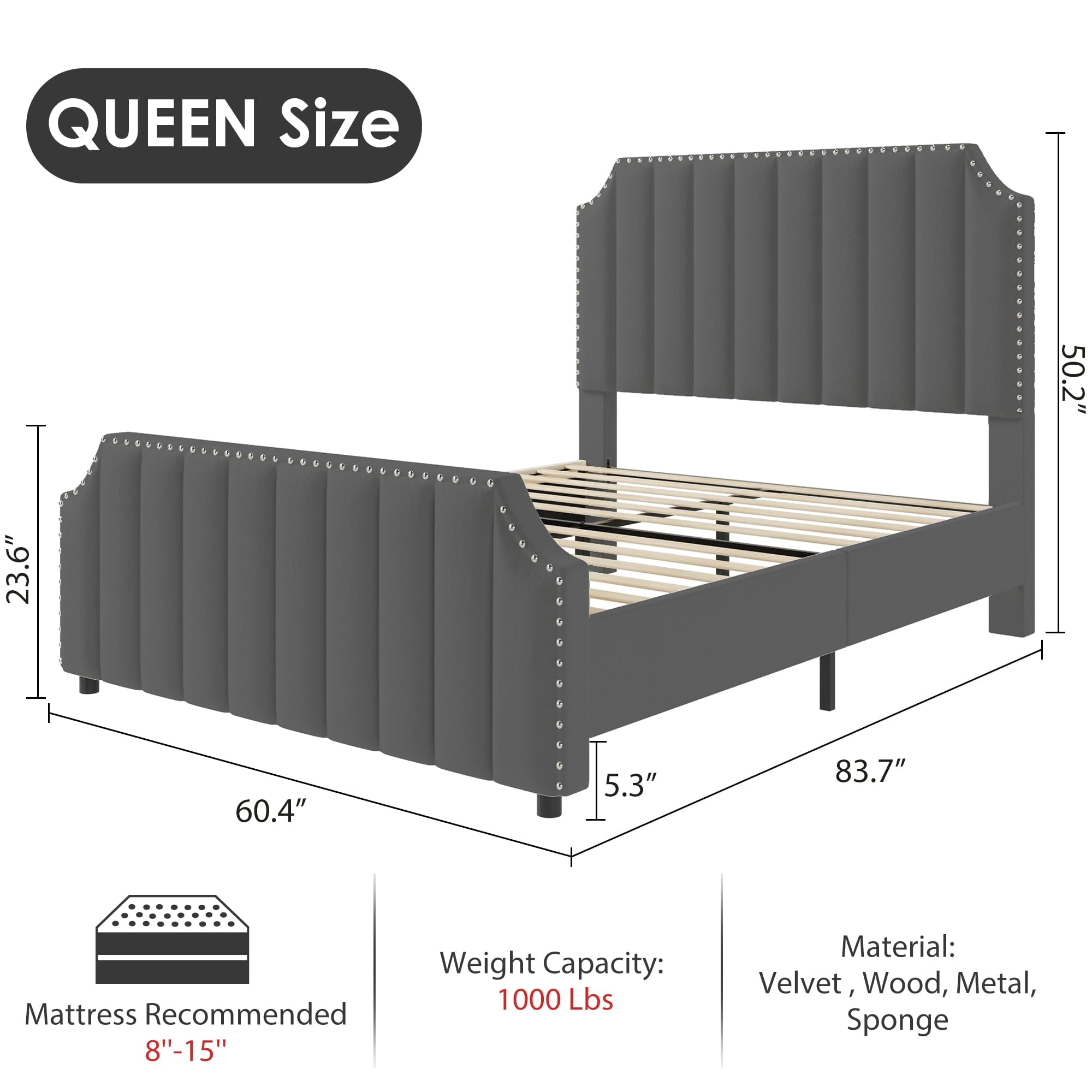 Ataucjin Queen Size Platform Bed Frame with 50.2" Headboard & Footboard,Velvet Upholstered Bed Frame Queen with Vertical Channel Tufted Headboard & Footboard,Nailhead Trim,No Box Spring Needed