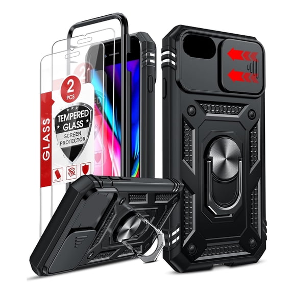 HBMYN for Iphone Se Case 3Rd/ 2Nd Generation Military-Grade Protection Black | Iphone 7/8/ Se 2022 2020 Case with [2 Packs] Screen Protector, Slide Camera Cover & Kickstand for I Phone Cover