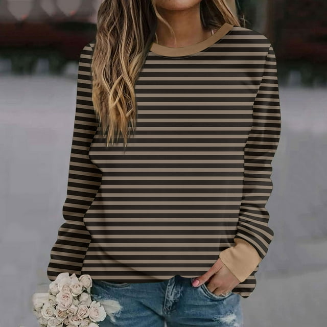 Jsaierl Chandails en Molleton pour Femmes Grande Taille Hauts Rayés Tendance Bloc de Couleur Pulls Décontractés Col Rond Chemises Automne Hiver Chandail en Molleton