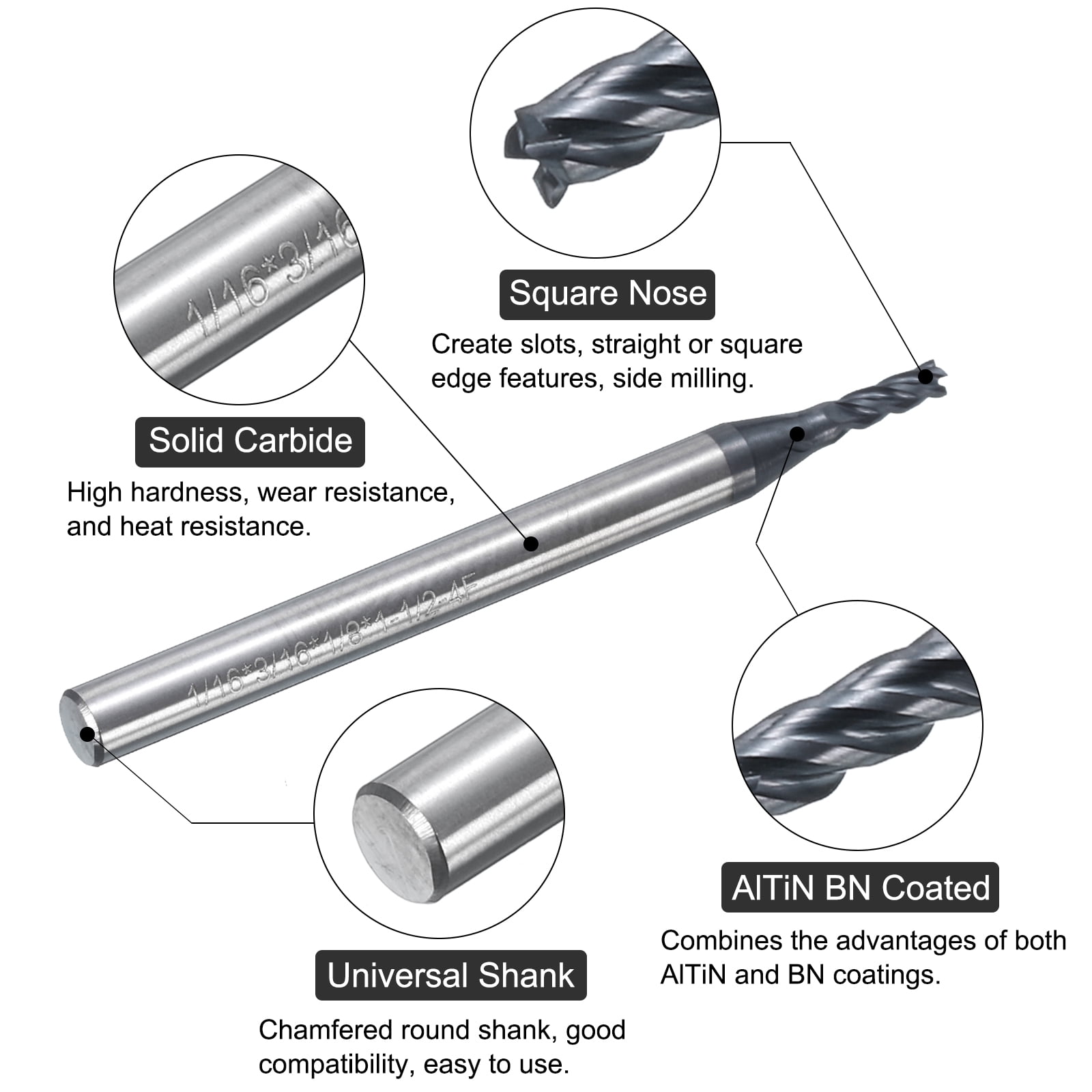 Uxcell 5 Pieces Solid Carbide Square End Mills 1/16" Dia AlTiN BN Coated 4 Flutes Milling Bit 1/8" Shank 1-1/2" Long