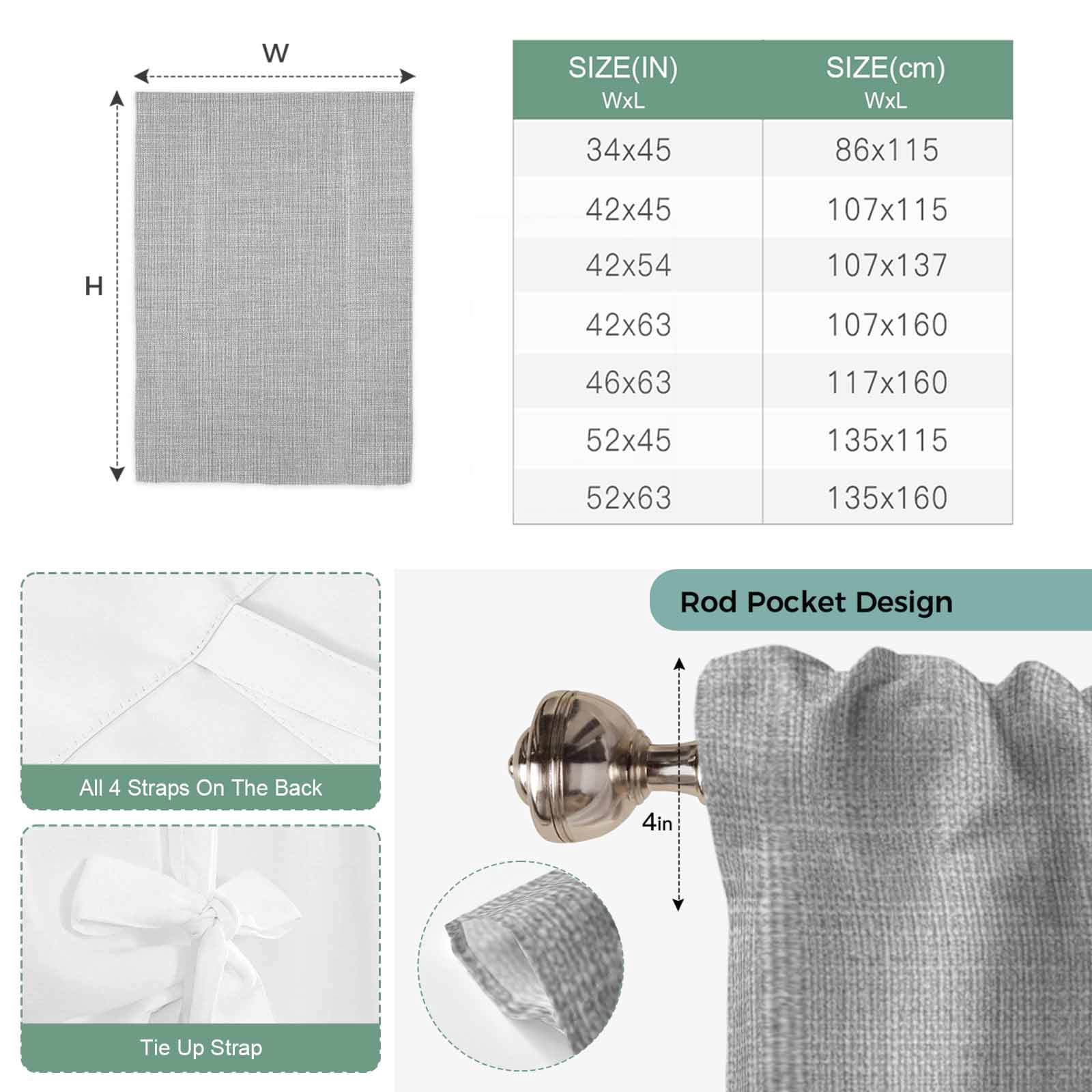 Vintage Linen Tie Up Curtain 45 Inches Long, Pastoral Grey Linen Texture Farmhouse Balloon Style Kitchen Window Curtain Over Sink, Small Window Rod Pocket Curtain 42"x45"