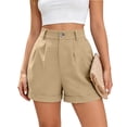 thumbnail image 4 of CIENVNSTG Women's Summer Dressy Casual Bermuda Shorts Solid Color High Waisted Elastic Waist Roll Up Pleated Wrap Hem Wide Leg Knee Length Shorts with Pockets & Button for Office and Outings Khaki S, 4 of 5