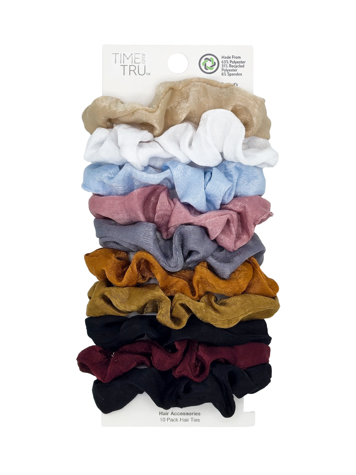 Time and Tru Women's Washed Silk Hair Ties, 10-Pack, Multi-Color Silk
