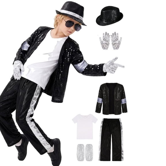 Dance Star Costume Set Jacket and T-Shirt with Pants and Hat with Gloves for Pop Stage Outfits for Halloween Retro Performance Role Play Show 110