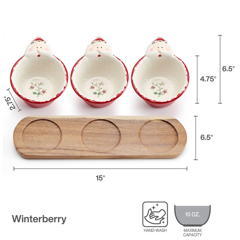 Pfaltzgraff Winterberry 3 Santa Dip Bowls with Wood Base