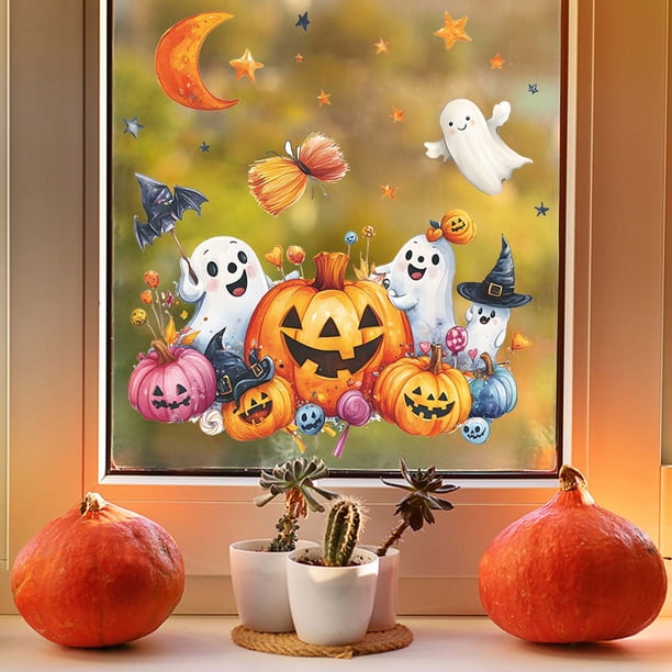 Seyotauo Halloween Window Cling Sticker, Ghosts Pumpkins for Home Party Supplies Shop Window Glass Display Decoration