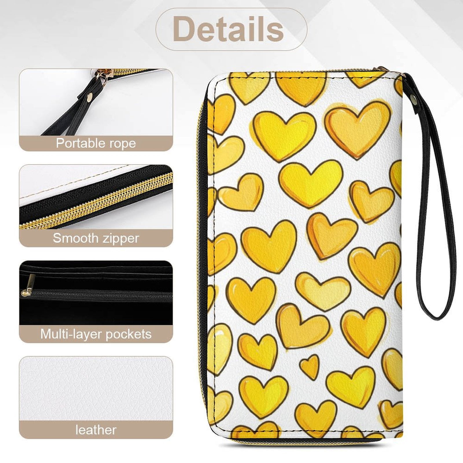 Womens Wallet Bifold Ladies Cluth Bag Wristlet Wrist Strap Long Purse Yellow Hearts Design