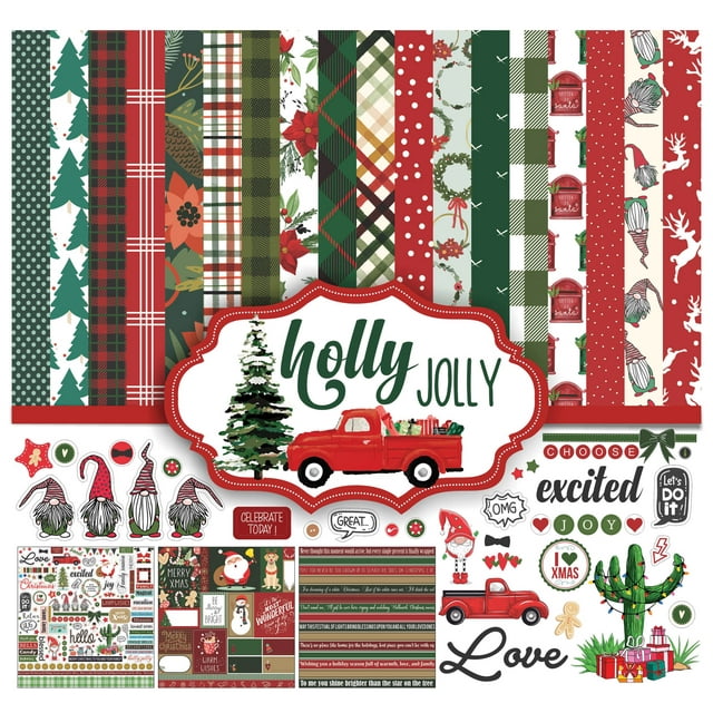 Inkdotpot Collection Thème de Noël Rouge Vert Papier de Scrapbook Double Face Kit de Papier Cartonné 12"x12 Pouces Pack de Papier pour Fabrication de Cartes avec Feuille d'Autocollants - 16 Pages - Rouge & Vert