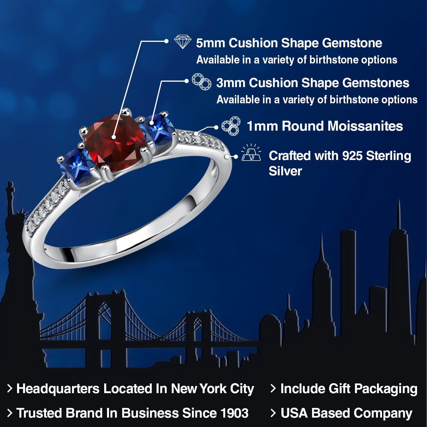 Gem Stone King 1.13 Cttw Cushion Red Garnet Blue Created Sapphire and White Moissanite 3 Stone Engagement Ring for Women | 925 Silver | Three Stone Wedding Engagement Anniversary Ring| Size 9