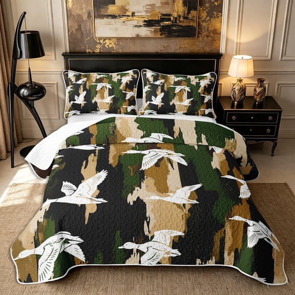 Castle Fairy Retro Hunting Camo Twin Quilt Set 2 Pieces,Geometric Flying Duck Silhouette Twin Coverlet Set,Tan Forest Black,1 Bedspread and 1 Pillowcase
