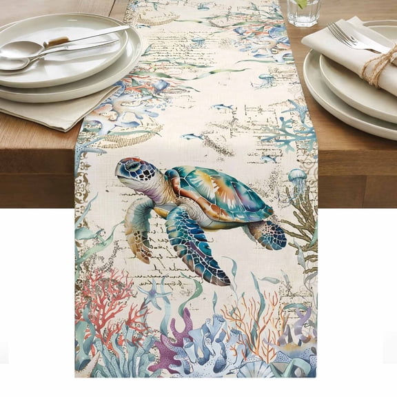 Blue Sea Turtle Coastal Table Runner - 60 Inch Long, Kitchen Dining Table Runner Dresser Scarves, Vintage Summer Beach Coral Ocean Farmhouse Decor for Coffee Tables Wedding Party Banquet