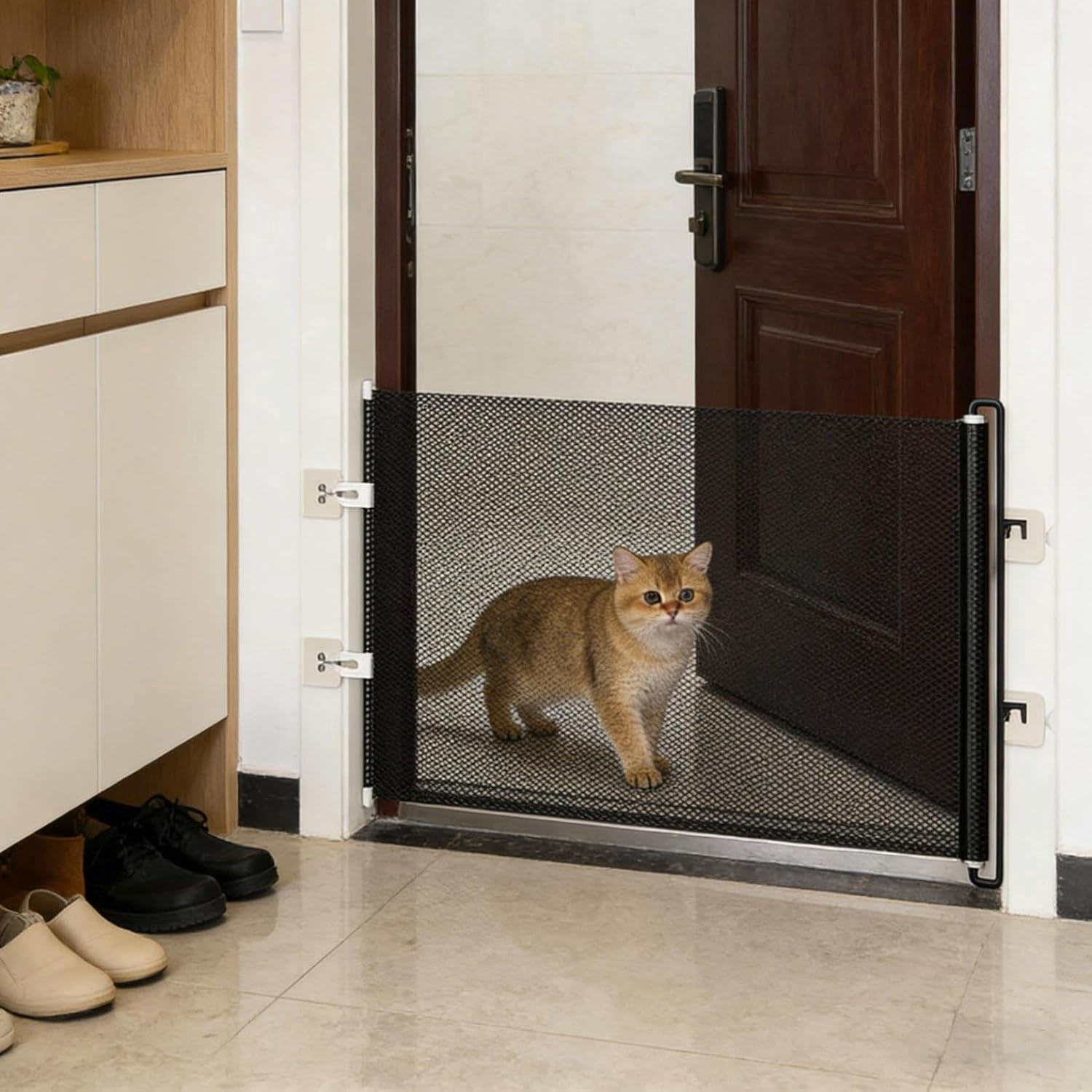 Retractable Mesh Gate for Pets, No-Drill Doorway Fence, 49 x 17 Inch