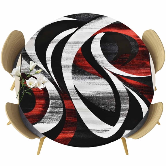 Modern Seamless Stitching Round Fitted Table Cover Black Red Geometric Waterproof Table Cloth with Elastic Edge Wipeable Tablecloth for Picnic Camping Party Fits 36"-44" Diameter