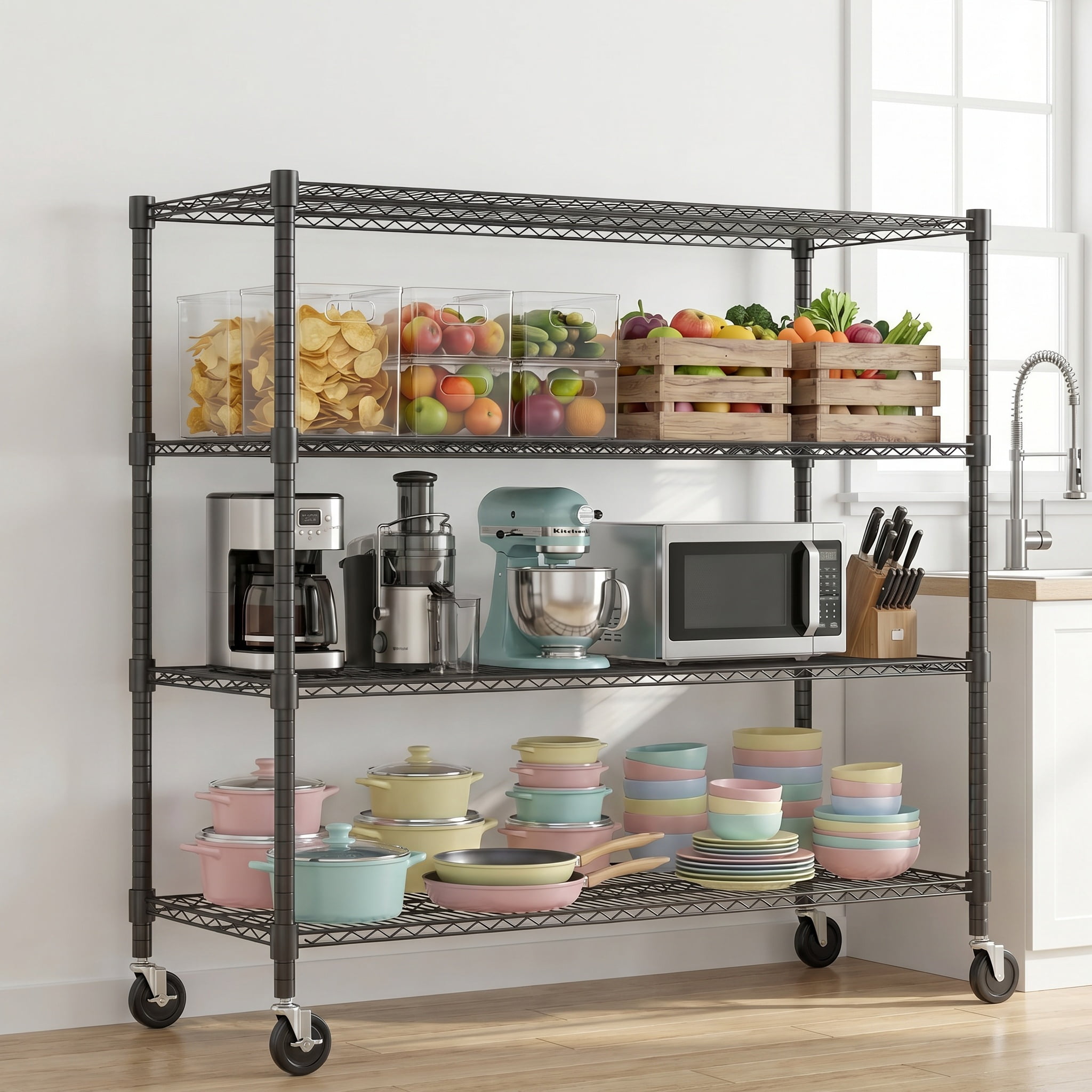 Legooin 48x18x72 inch Heavy Duty Wire Shelf on Wheels Garage Shelving Unit Industrial Shelf Residential Storage 2000lbs Capacity, Black