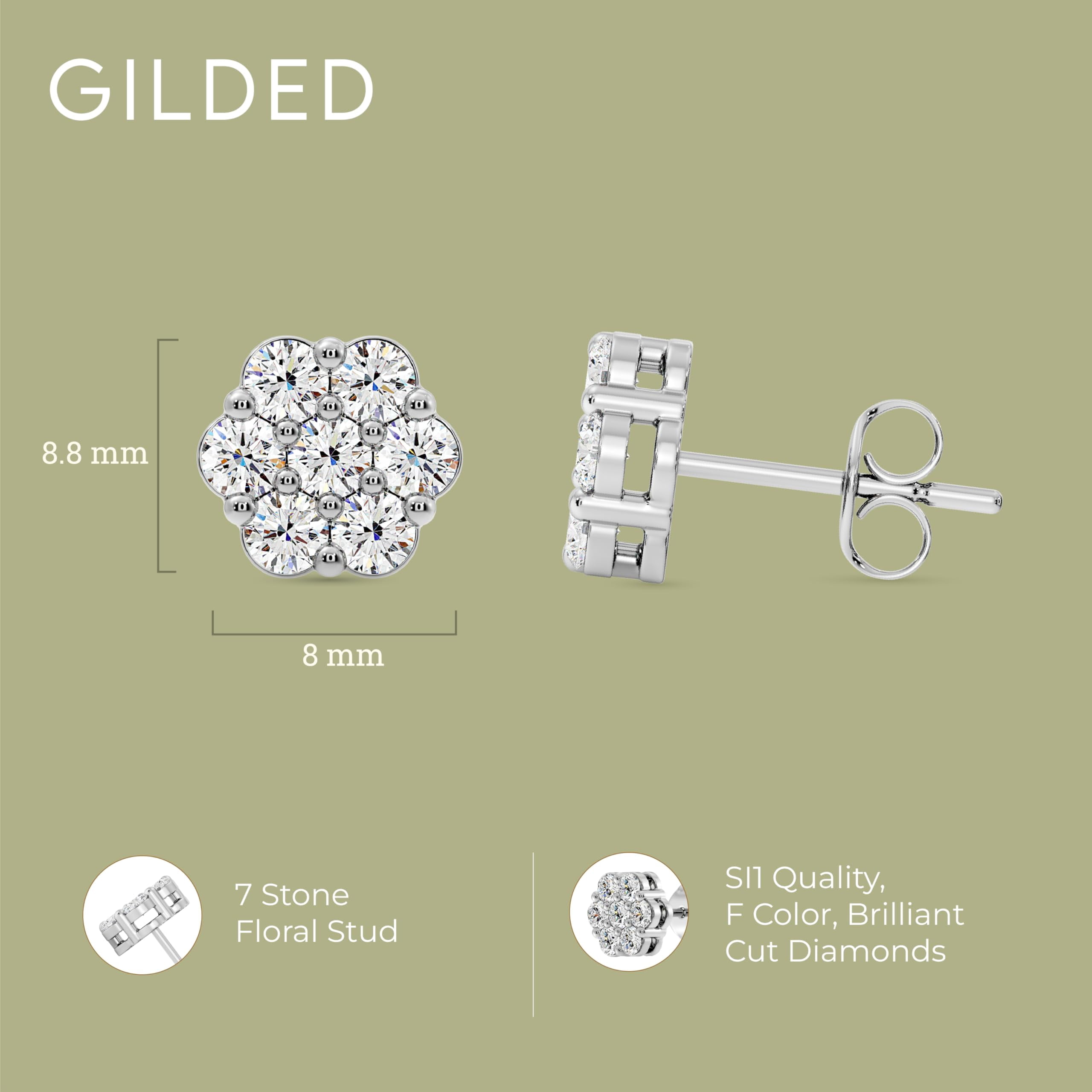 Gilded 1 Carat Total Weight Lab-Grown Diamond Stud Earrings for Women | 925 Sterling Silver | 7-Stone Flower Shaped | Hypoallergenic Fine Jewelry | Prong Setting, Push Back Nut | SI1 Clarity, F Color