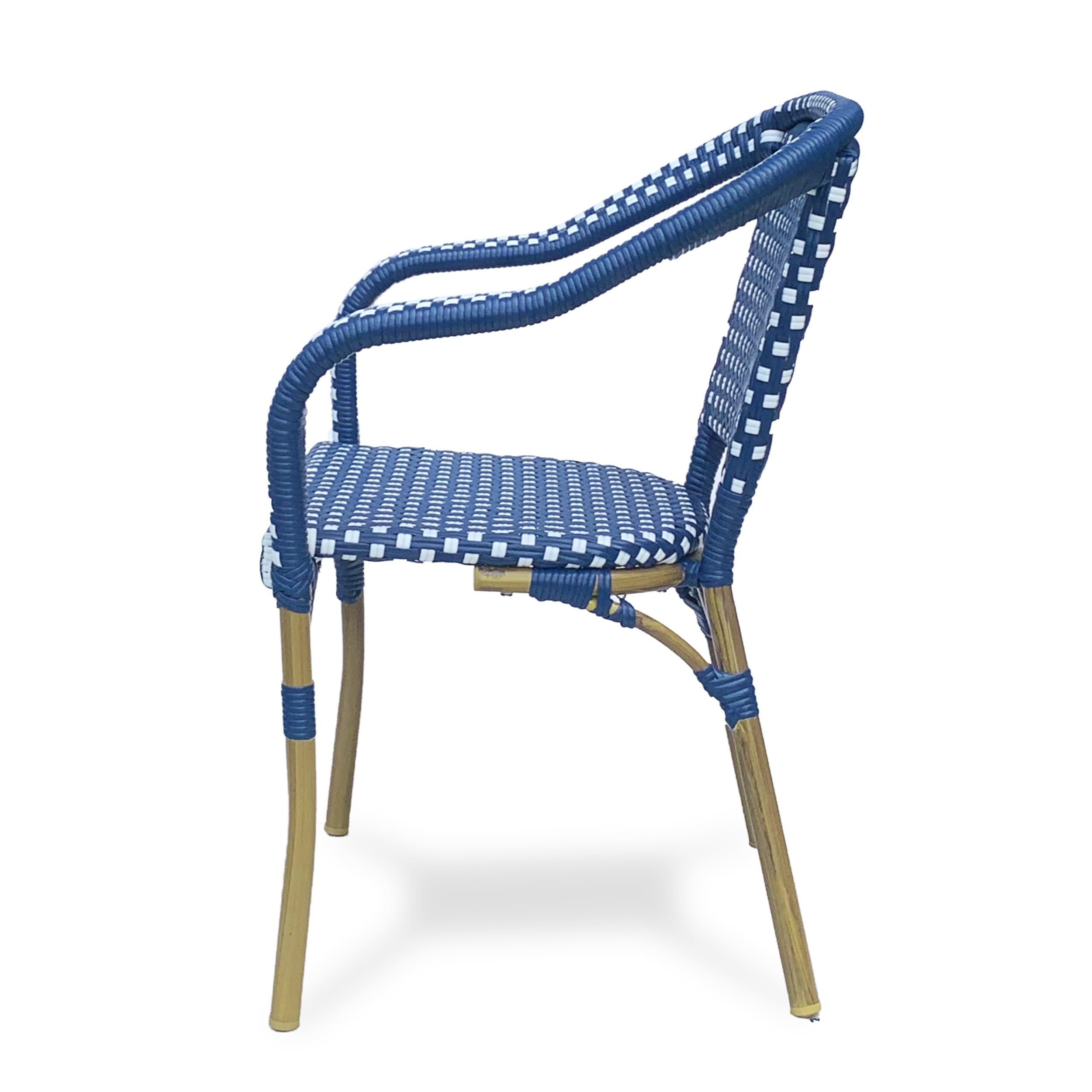 Baton Aluminum and Wicker Outdoor French Bistro Chairs, Set of 4, Navy Blue, White, and Wood Print