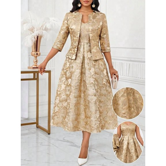 Women Gold Jacquard Floral 2-Piece Suit Elegant Pleated Midi Dress