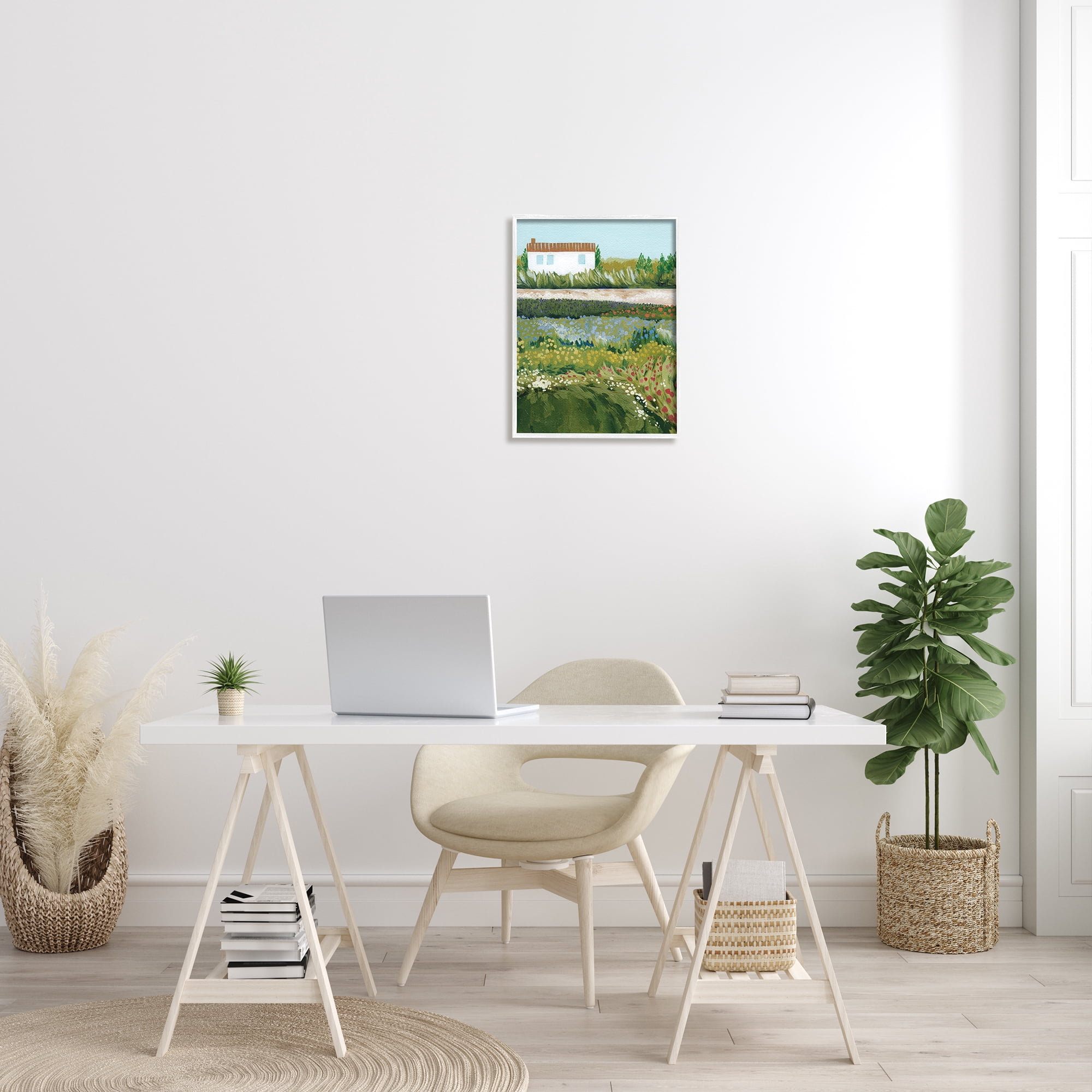 Stupell Rural Cottage Wildflowers Blooming Landscape Painting White Framed Art Print Wall Art
