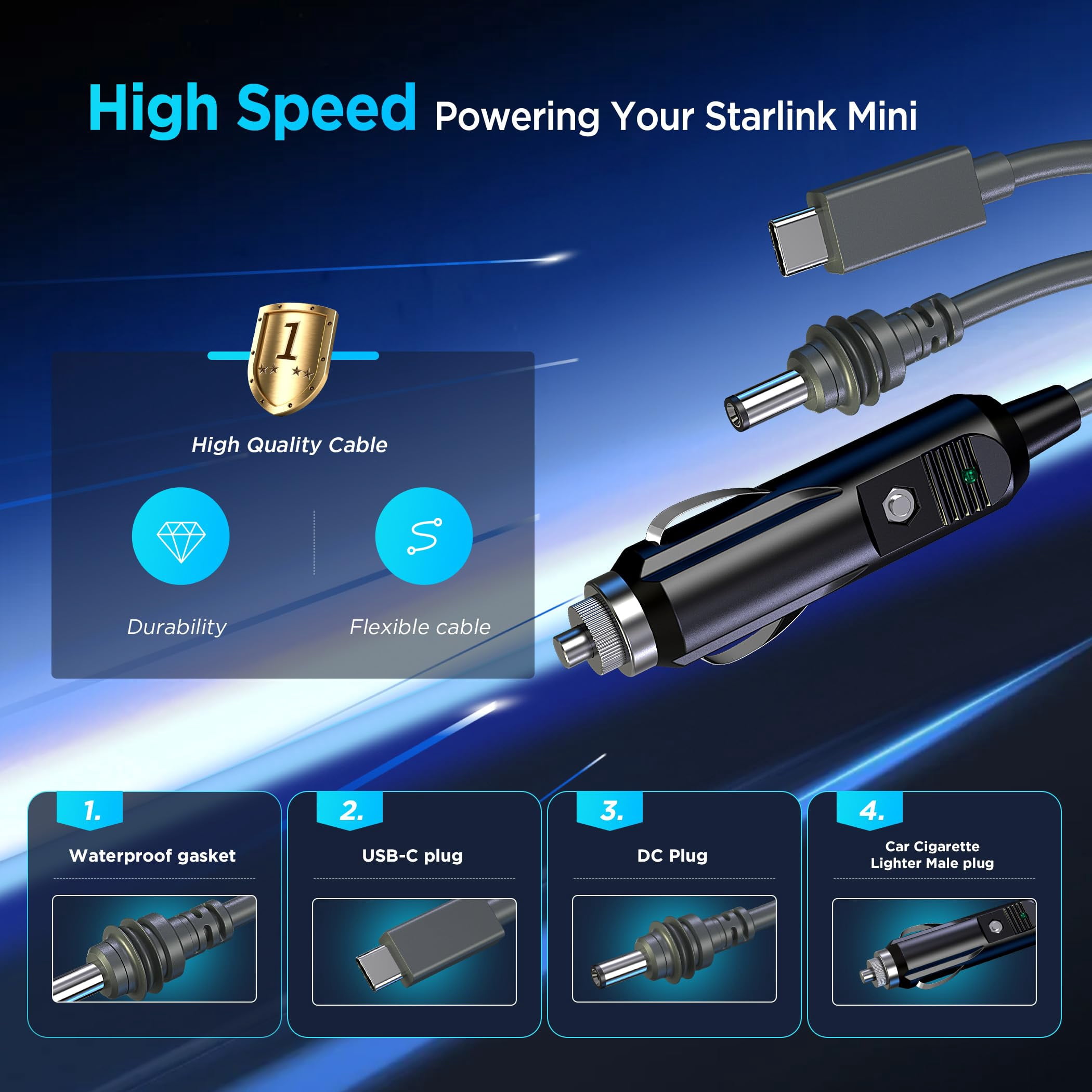 3 in 1 Starlink Mini Cable 11FT/ 3M, High-Speed USB C/Car Charger/DC to DC Replacement Cable for Starlink Mini Power, Waterproof Extension Power Cable Accessories