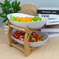 thumbnail image 4 of 2 Tier Ceramic Fruit Bowl With Bamboo Wood, Plastic Storage Basket for Vegetables, Snack & Cake Tray for Home, Party & Wedding, 4 of 4