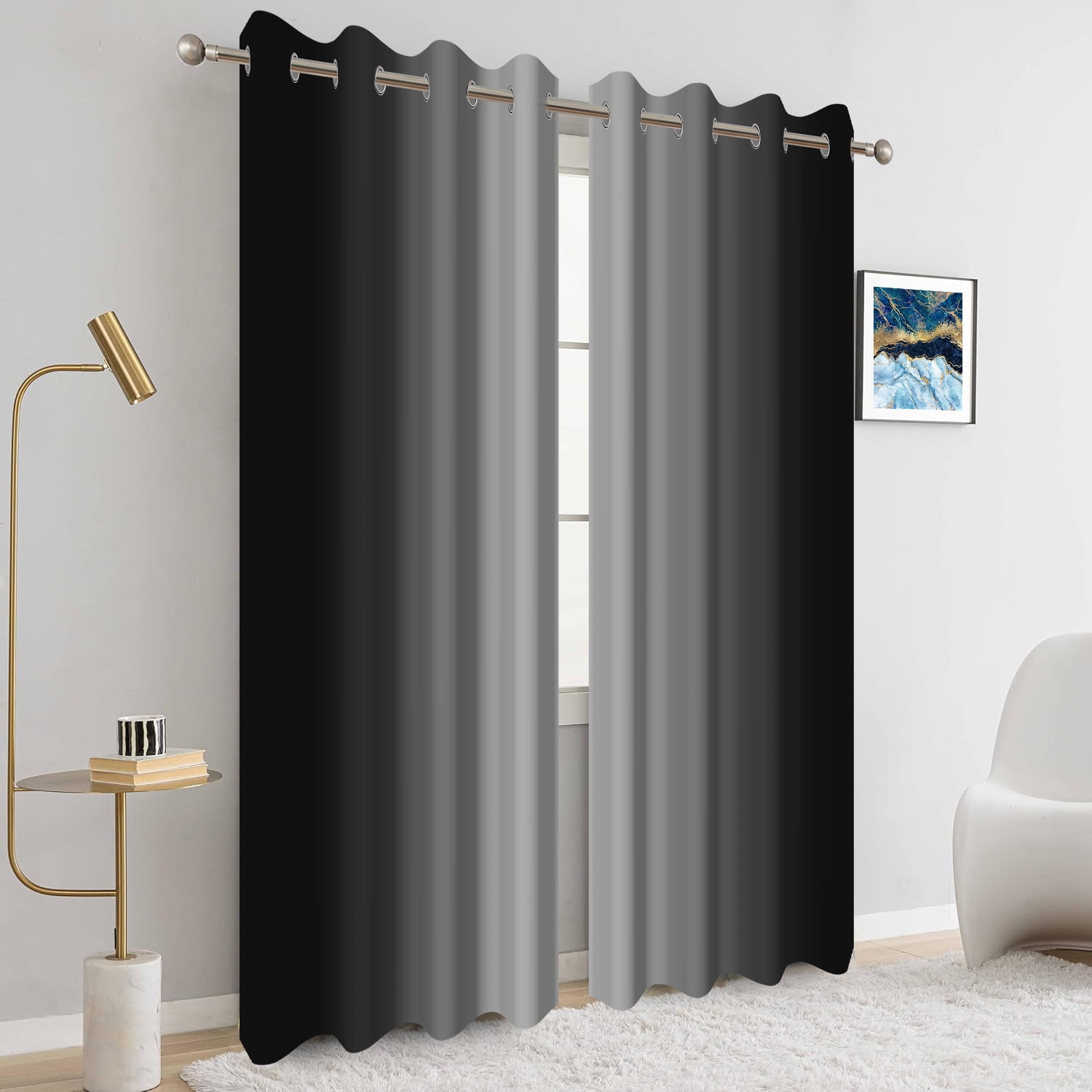 Black Grey Ombre Blackout Curtains for Living Room,Grommet Thermal Insulated Window Drapes for Bedroom(52Wx84L,2 Panels)