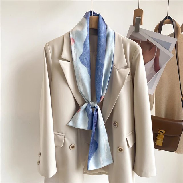 2023 Headscarves Skinny Scrunchies Double Layer Satin Hair Ribbon Scarf Women Fashion Headband Scarf Neck Tie Wrist Wrap Ladies