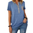 thumbnail image 2 of Camiseta con cuello redondo para mujer, camiseta de manga corta con cuello redondo y bloqueo de color con bolsillo, color azul S, 2 of 6