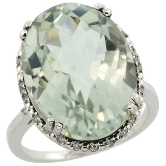14K White Gold Natural Green Amethyst Ring Large Oval 18x13mm Diamond Halo, size 9