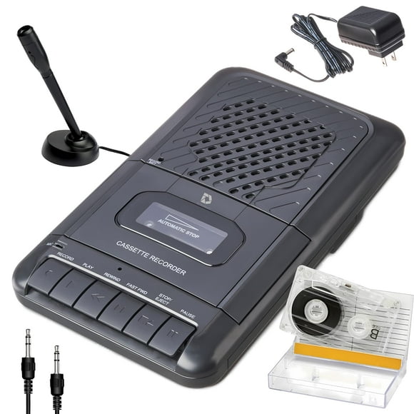 Grabadora de cinta con reproductor de casete portátil de productos de lujo. Grabe en casetes a través de micrófono o entrada auxiliar. Altavoz incorporado para escuchar casetes. Incluye cable de entra
