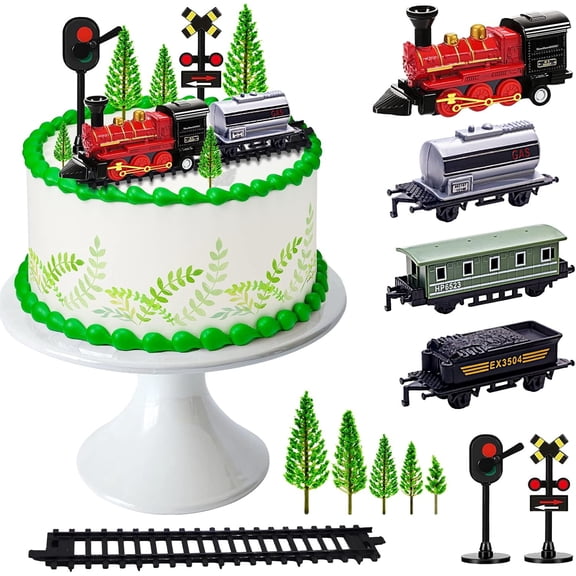 Train Cake Toppers 13pcs Decorations Mini Trains Toy Traffic Track Railway Lights Topper for Boy's Kids Steam Theme Birthday Party Supplies