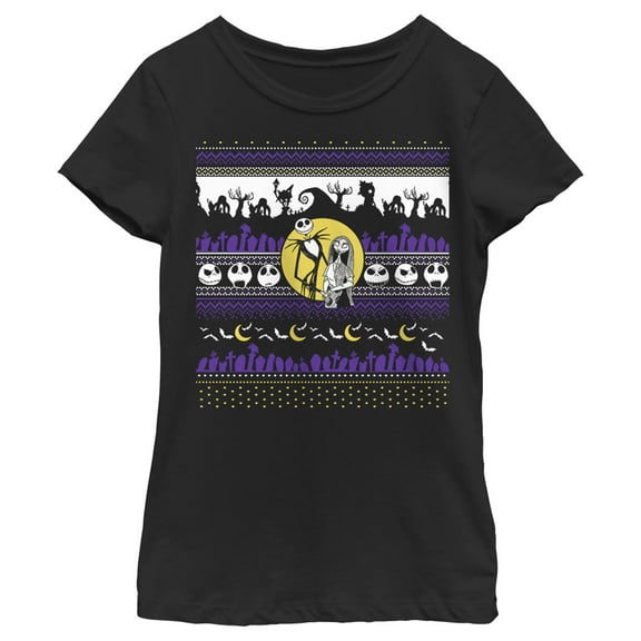 Girl's The Nightmare Before Christmas Jack and Sally Halloween Print  Graphic Tee Black X Large