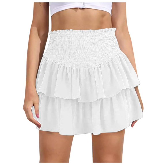 XIAOCHA Women Solid Ruffled Mini Skirt High Waisted Tiered Fabric Skirt Lightweight Casual Wear Ruffled Mini Skirts White