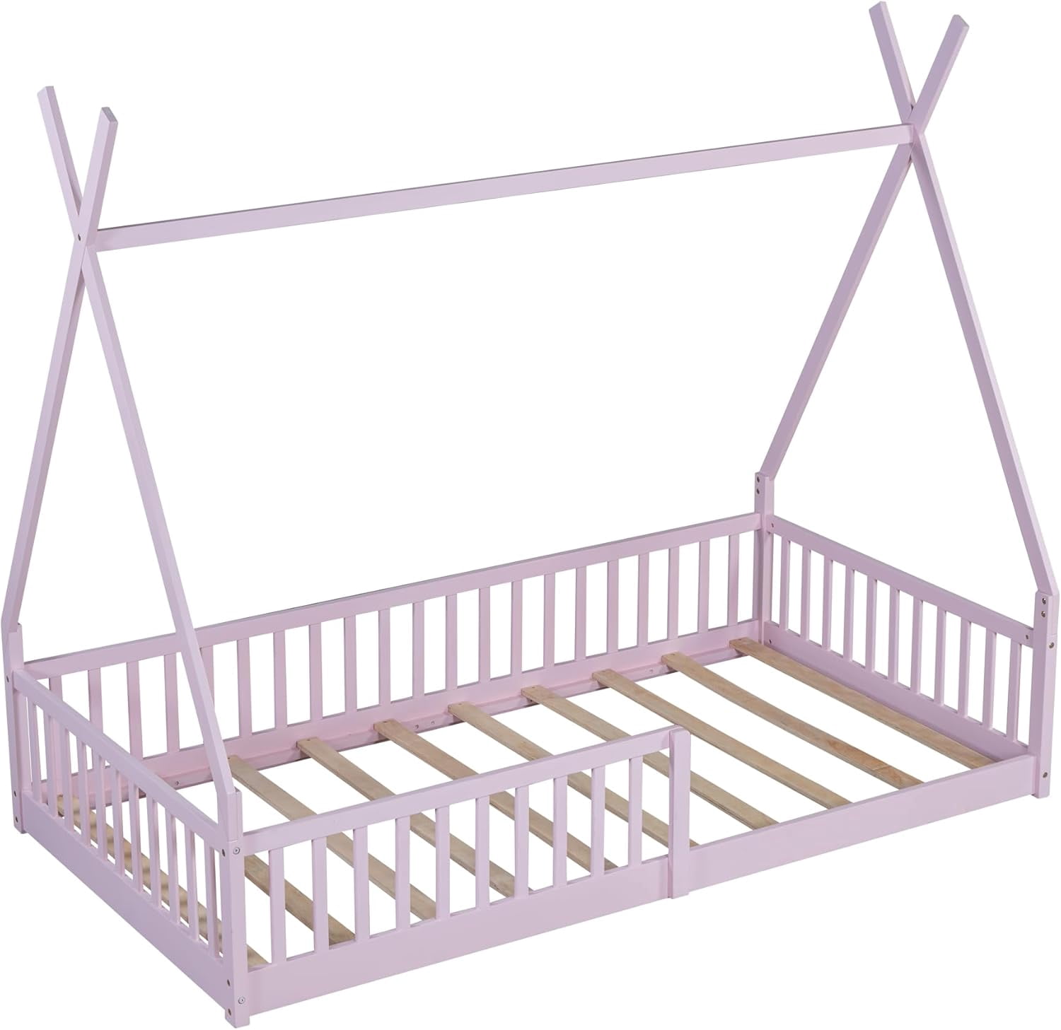 GLZ'HOME Twin House Bed with Fence, Modern Wood Montessori Floor Bed Frame Twin with Guardrails for Boys and Girls Bedroom, No Box Spring Needed (Pink)