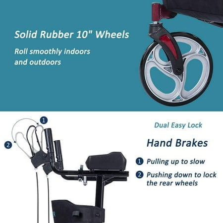 ELENKER Upright Walker, Stand Up Folding Rollator Walker with 10” Front Wheels, Padded Armrests, Seat and Backrest for Seniors and Adults, Red
