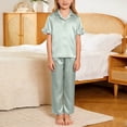 thumbnail image 4 of Xdegoge 3 Piece Pajama Set for Women Silky Button Down Outfit Short Sleeve Ruffle Trim Satin Pajamas Sets Notched Collar Open Front Top, Shorts and Long Pants Comfy Homewear, 4 of 9