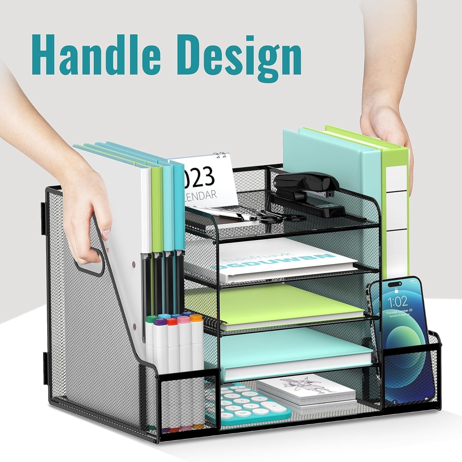 INTIGE 5-Tier Metal Mesh Desk Organizer with 2 File Holder, Paper Organizer, Black
