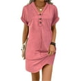 thumbnail image 4 of YFELWZ Womens Plus Size Fashion Buckle V Neck Cold Shoulder Ruffled Sleeve Solid Color Dress Pink L, 4 of 7