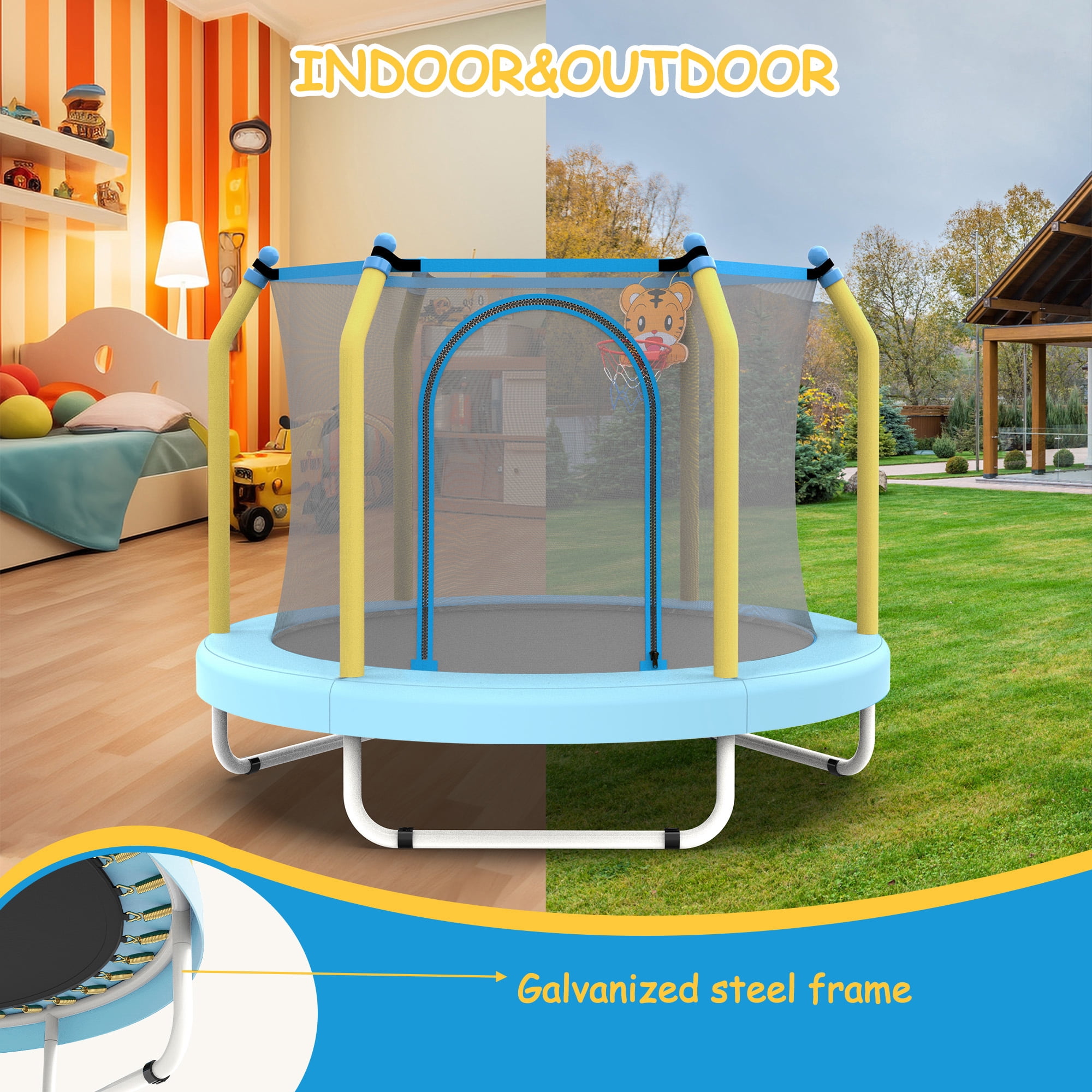 LIZEVINC 55 Inch Outdoor Toddler Trampoline with Enclosure Net, Mini Round Trampoline for Kids with Basketball, Small Trampoline Gifts for Boy and Girls,Blue Forest